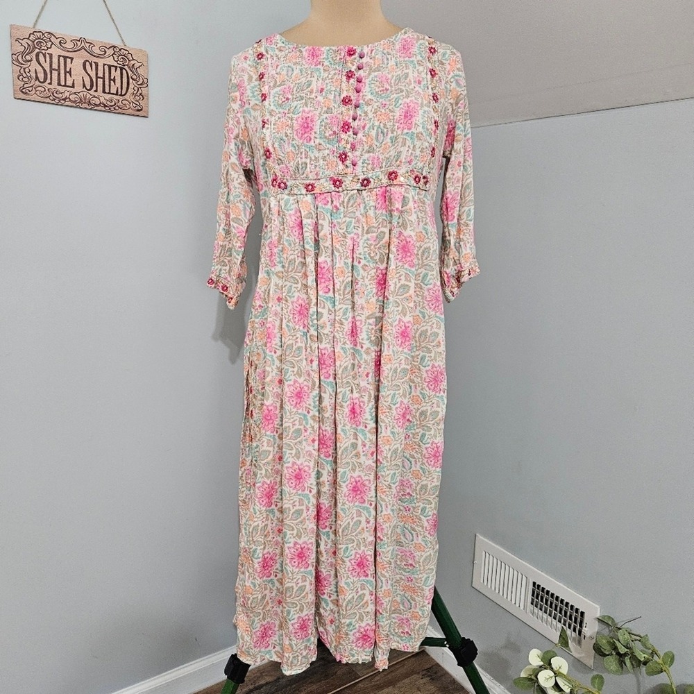 Boho Floral Maxi Kurta XL Pink Teal Embroidered Tunic‎ Dress Indie Sleaze Top